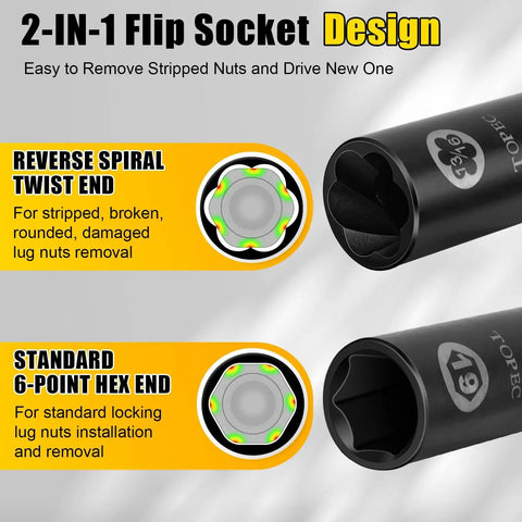 2-In-1 Lug Nut Extractor And Socket Kit For Wheel Locks, 7-piece flip socket set showing reverse spiral and hex end design