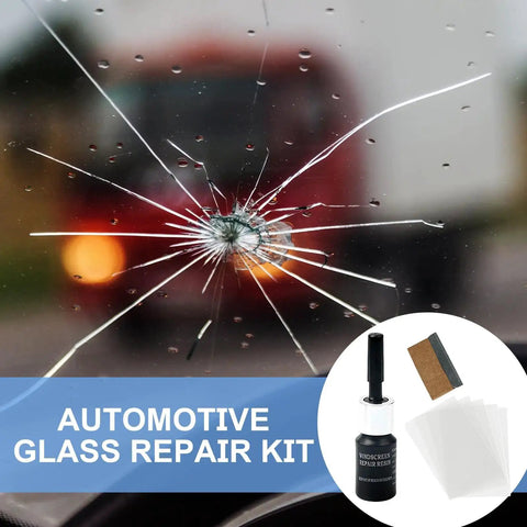 No Fuss Windshield Crack Repair Kit for Chips and Small Cracks, Auto Glass Repair Fluid, kit and cracked windshield close-up.