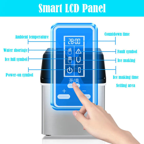 Smart LCD panel of No Sweat Compact Countertop Ice Maker, Ultra Quiet Portable Ice Cube Machine with controls and indicators.