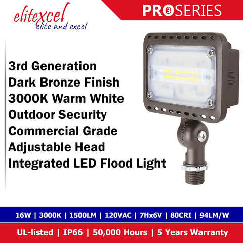 Outdoor LED Flood Light 16W 1500 Lumen Walkway Security Light 3000K Warm White Waterproof with knuckle mount