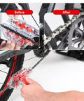Clear View Bike Chain Cleaner Kit with large and small brush tools, cleaning a bicycle chain, transparent housing, before and after view