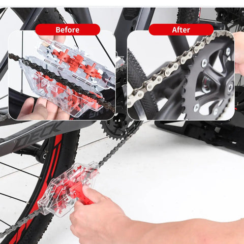Clear View Bike Chain Cleaner Kit with large and small brush tools, cleaning a bicycle chain, transparent housing, before and after view