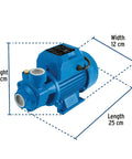 Farm-Grade High-Head Water Pump 1/2 HP For Clean Water Transfer, dimensions shown, blue with brass impeller, IPX4 rated