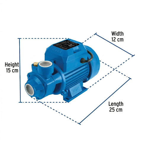 Farm-Grade High-Head Water Pump 1/2 HP For Clean Water Transfer, dimensions shown, blue with brass impeller, IPX4 rated