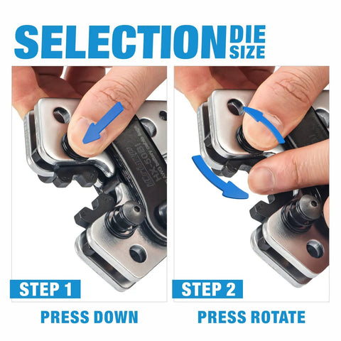 Pro Grade Heavy Duty Battery Cable Lug Crimping Tool selection die size with rotating die set detail.