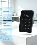 Heavy Duty Standalone Rfid Access Control Keypad For Secure Doors Featuring Card Pin Entry Mode Supports Up To One Thousand Users No Computer Hassle Plug And Play Setup For Home in modern office setting with highlighted features.