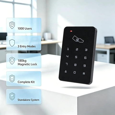 Heavy Duty Standalone Rfid Access Control Keypad For Secure Doors Featuring Card Pin Entry Mode Supports Up To One Thousand Users No Computer Hassle Plug And Play Setup For Home in modern office setting with highlighted features.