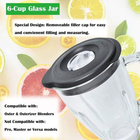 Kickin 6 Cup Glass Blender Replacement Jar With Lid Kit Including 4 Point Ice Blade Bottom Cap And Rubber Gasket For Most Blender Models Replacement Parts That Fit Heritage Classic And Other Popular 6 Cup Blenders shown with lid on a white background