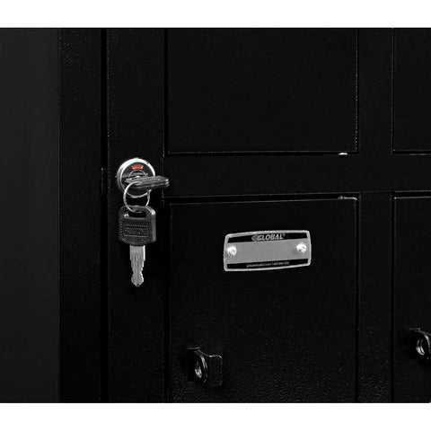 Close-up of the lock and key on the Heavy Duty Two Tier Eight Door Tablet Cell Phone Locker, showcasing security features.