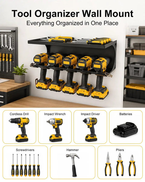 Heavy Duty Tool Organizer Wall Mount For Garage, showcasing drills, drivers, and tools in slots with a secure locking metal rack feature.
