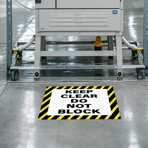 Keep Clear Do Not Block Sign 17 By 17 Inches 5 Pack Self Adhesive Waterproof Vinyl Safety Stickers installed on warehouse floor.