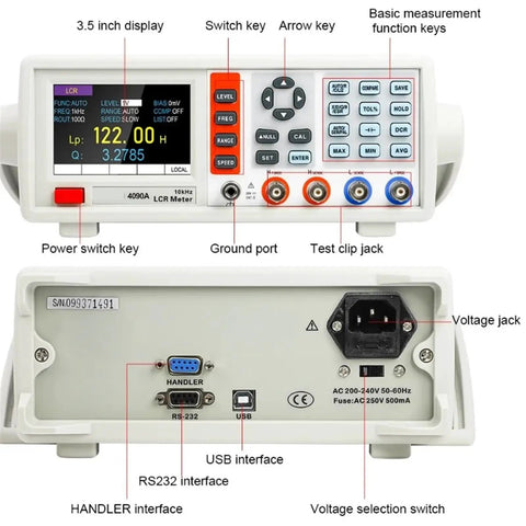 Image of 4090B Digital LCR Meter Desktop Tester, showing 3.5 inch display and various connection ports for electronics testing.