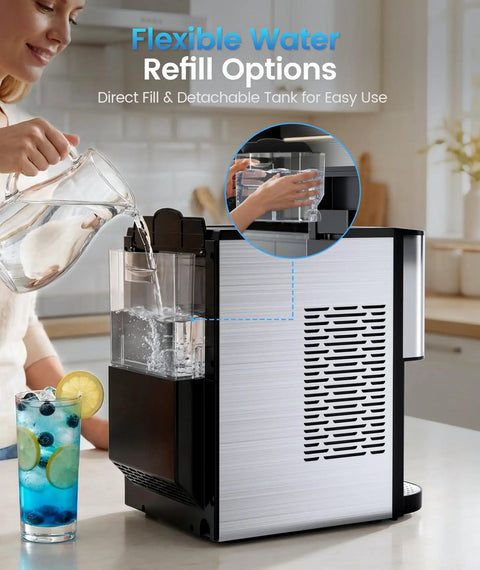 Nugget Ice Maker Countertop With Soft Chewable Ice, Delivers 44 Lbs A Day, Portable Pellet Ice Machine in stainless steel.