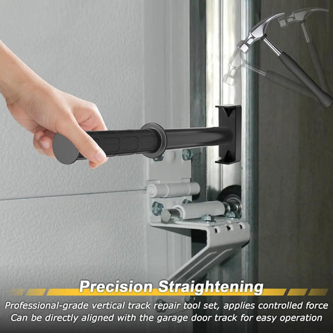 Heavy Duty Garage Door Vertical Track Repair Tool With Anvil Design used on 2 inch roller track rails in close-up view.