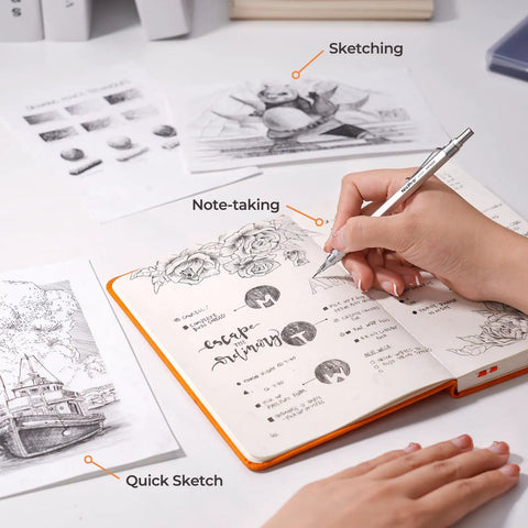 Person using 0.7mm Metal Mechanical Pencil Set With Case Three Pack MP1000 Pro Grade Drafting Kit for sketching in notebook