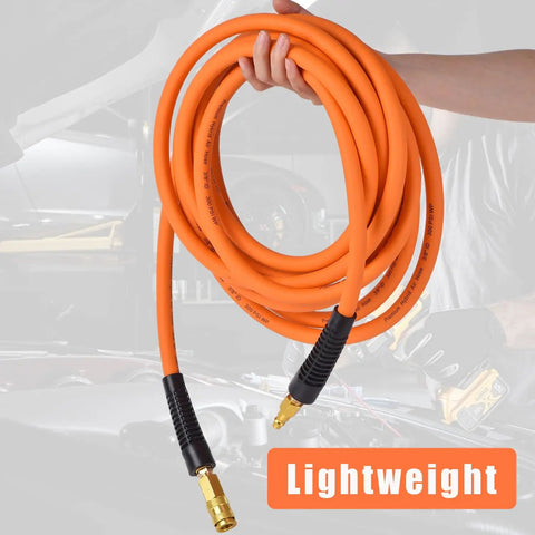 Three Eighths Inch By Twenty Five Foot Braided Air Hose For Air Compressors Flexible Heavy Duty Pneumatic Hose With Quick Connect Fittings Leak Free 300 PSI For Garage Shop Automotive Use, orange coiled