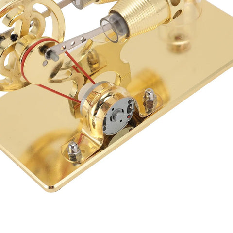 Sterling Engine Model Toy With LED Light For Desktop Science Project And Educational Decor Aluminum Alloy Gold Finish Hands On Thermodynamics Demo For Students And Science Nerds And Hobbyists close-up on gold base
