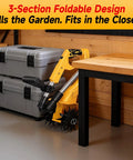 Cordless Garden Tiller Cultivator For 20V Max Battery stored in compact upright position next to toolbox