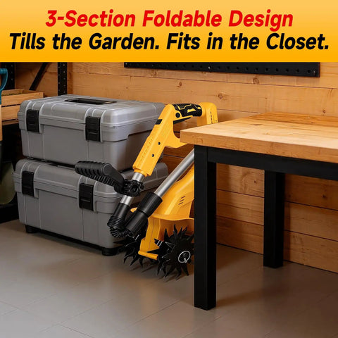Cordless Garden Tiller Cultivator For 20V Max Battery stored in compact upright position next to toolbox