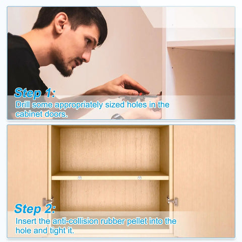 Image showing installation steps for Pack Of Eight Clear Glass Table Bumpers With Solid Stems And Grippy Non Slip Bottoms.