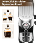 Straight Shooter Semi Automatic Espresso Machine With Reliable Milk Frother For Creamy Lattes And Bold Cappuccinos 20 Bar Pressure No Mess Home Coffee Brewing Kit operation panel and shot measurements.