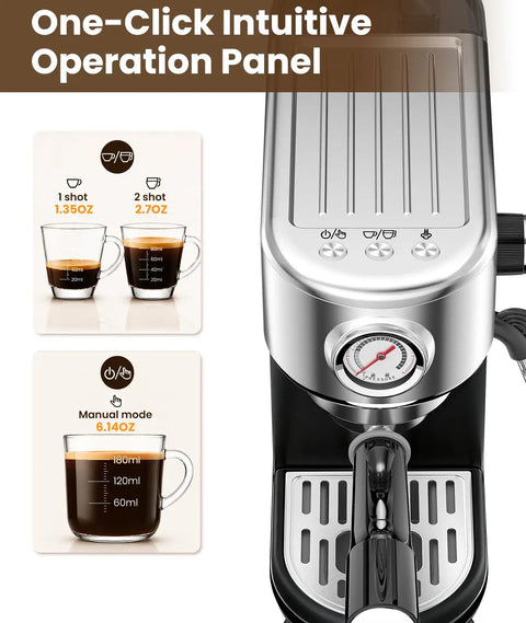 Straight Shooter Semi Automatic Espresso Machine With Reliable Milk Frother For Creamy Lattes And Bold Cappuccinos 20 Bar Pressure No Mess Home Coffee Brewing Kit operation panel and shot measurements.
