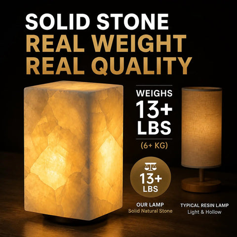 Natural Calcite Stone Table Lamp Handcrafted Solid Stone With Unique Crystal Texture on display showing comparison and weight
