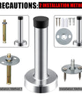 10 Pack Built Tough Heavy Duty 3.7 Inch Door Stopper Made From 304 Stainless Steel With Rubber Tips Wall Mounted Wall Protector For Sound Dampening And Floor Protection Silver, showing installation methods.