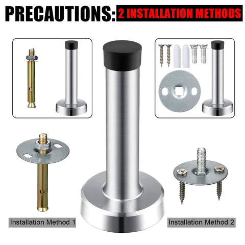 10 Pack Built Tough Heavy Duty 3.7 Inch Door Stopper Made From 304 Stainless Steel With Rubber Tips Wall Mounted Wall Protector For Sound Dampening And Floor Protection Silver, showing installation methods.