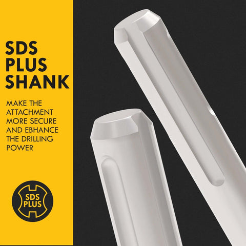 Two white SDS-Plus rotary hammer drill bits with shanks against a black background and yellow SDS panel