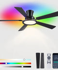 52 Inch Flush Mount Ceiling Fan With Built In Rgb Lights And Dimmable Warming Glow Featuring Brushless Reversible Motor With Six Adjustable Speeds And Low Profile Slim Frame in matte black with RGB lighting.
