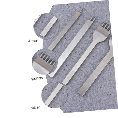 Close-up of 8-Piece Leather Craft Tool Kit with sharp rhombus-tooth punches on gray surface, showing detailed steel prongs.