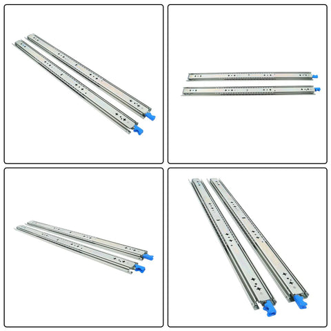 Beefy 28 Inch Locking Drawer Slides With Soft Close Heavy Duty Ball Bearing Side Mounted Hardware 3 Stage Full Extension 250 Pound Load Capacity For Industrial And Home Use, blue release tabs