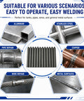 12Pcs Low Temperature Universal Welding Rods for Stainless Steel, Iron, Aluminum; versatile metal repair scenarios shown