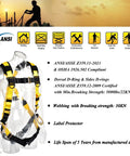 3D Ring Full Body Fall Protection Safety Harness For Job Sites on mannequin with ANSI Z359.11-2021 compliance details visible