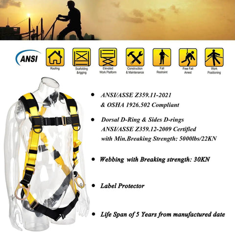 3D Ring Full Body Fall Protection Safety Harness For Job Sites on mannequin with ANSI Z359.11-2021 compliance details visible