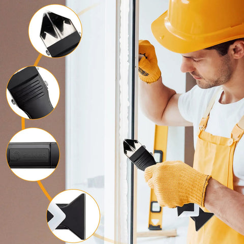 Worker using All In One Caulking Tool Set For Finishing Sealant Grout Removal And Caulk Scraping Pro Grade Glass Glue Angle Scraper