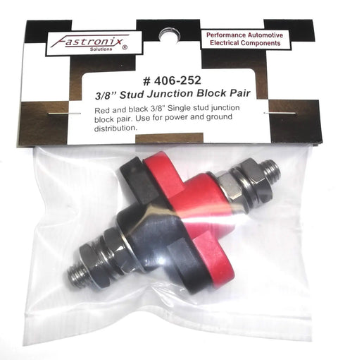 Heavy Duty 3/8 Inch Stainless Steel Single Stud Power And Ground Junction Block In Red And Black With Mounts And Mounting Holes Nylon Construction Integrated Nut For Tightening Includes Stud Covers 404-120 For Complete Installation in package