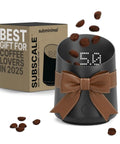 Subscale Digital Dosing Cup With LED Display Sleek Black Scale For Espresso Brewing, adorned with a brown ribbon.