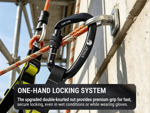 Beefy 25kN Locking Climbing Carabiner UIAA Certified attached to wall with ropes and knurl nut locking mechanism in use.