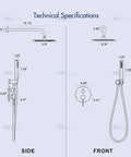 Technical drawing of 10 Inch Matte Black Round Rain Shower Set With Wall Mounted Rainfall Head And Handle Trim Kit, 2-Function Shower Fixtures For Modern Bathrooms, Spa Worthy Rain Experience, Easy Installation, side and front views.