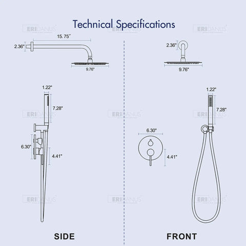 Technical drawing of 10 Inch Matte Black Round Rain Shower Set With Wall Mounted Rainfall Head And Handle Trim Kit, 2-Function Shower Fixtures For Modern Bathrooms, Spa Worthy Rain Experience, Easy Installation, side and front views.