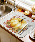 Fall Thanksgiving Dish Drying Mat For Kitchen Counter Yellow Pumpkin Sunflower Wood Grain Look Absorbent Microfiber 16x18 inches