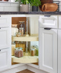 Two-Tier Pie-Cut Lazy Susan Organizer for Base Corner Kitchen Cabinets with Almond Plastic Shelves filled with jars