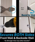 Installation process of Premium Door Install Kit Max Strength Secures Both Sides To Wall With Patented Bracket System shown in four steps.