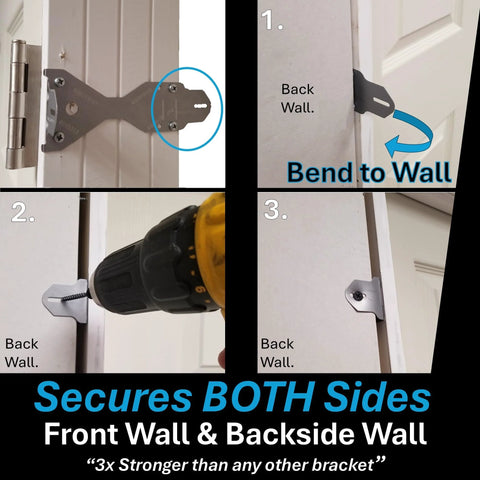 Installation process of Premium Door Install Kit Max Strength Secures Both Sides To Wall With Patented Bracket System shown in four steps.