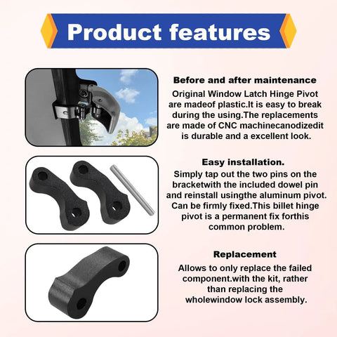Rear Window Latch Hinge Pivot Replacement Kit for Toyota Tacoma First Gen Tundra Xtracab 1995 to 2004 and 2000 to 2006 Black Two Pack CNC Billet Aluminum Anti Corrosion Superior Fit features