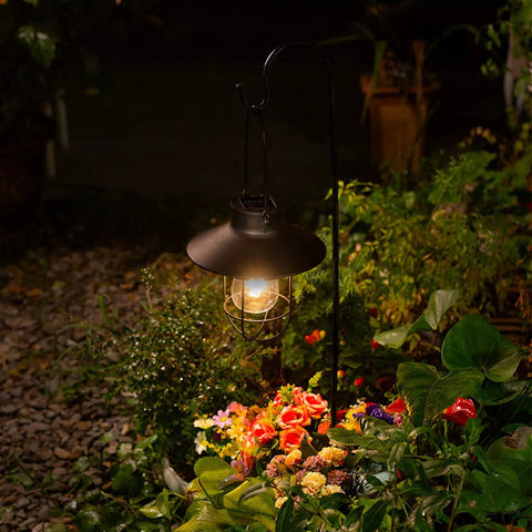 Two Pack Hanging Solar Lantern Lights With Shepherd Hooks Weatherproof Iron Edison Bulb Garden Pathway Lights For Outdoor Patio Lawn Black Finish For All Weather Use illuminating a garden path at night.