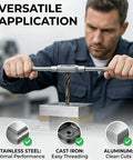 Man using Pro Grade Metric Tap And Die Set M3 To M12 40 Piece Rethreading Tool Kit With Adjustable Handles on metal block