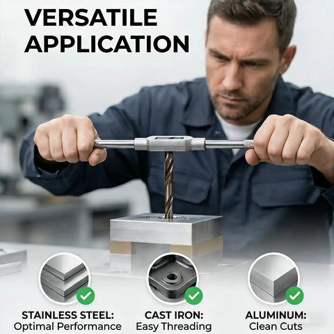 Man using Pro Grade Metric Tap And Die Set M3 To M12 40 Piece Rethreading Tool Kit With Adjustable Handles on metal block